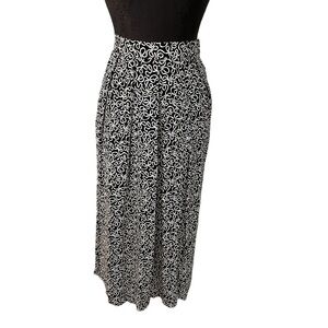 Vintage Talbots Bow Ribbon Print Rayon Midi Skirt Black White M